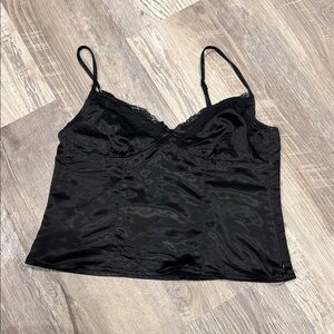 Divided Black Satin Lace-Trim Cami